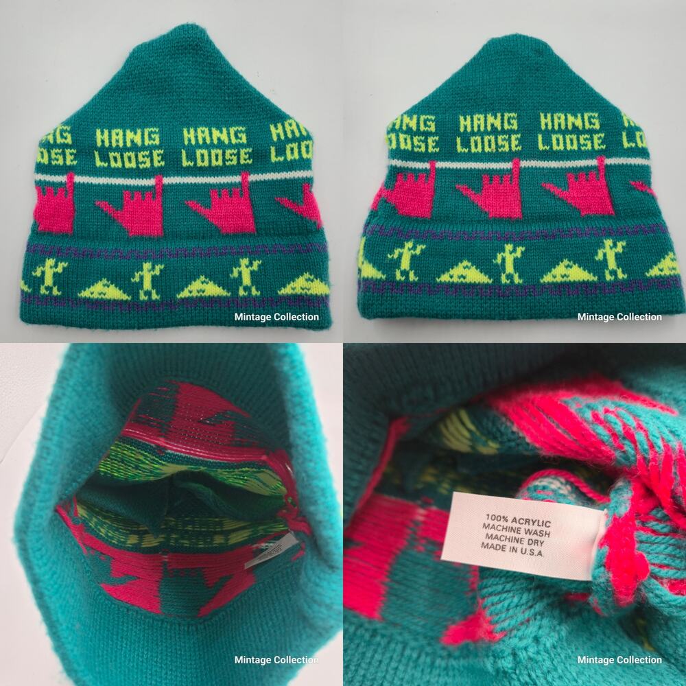 Vintage Hang Loose Shaka Hawaiian Islander Teal Beanie Hat